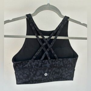 Lululemon Energy Bra High Neck Long Line, Deep Coal Camo/Leopard Print, Size 6